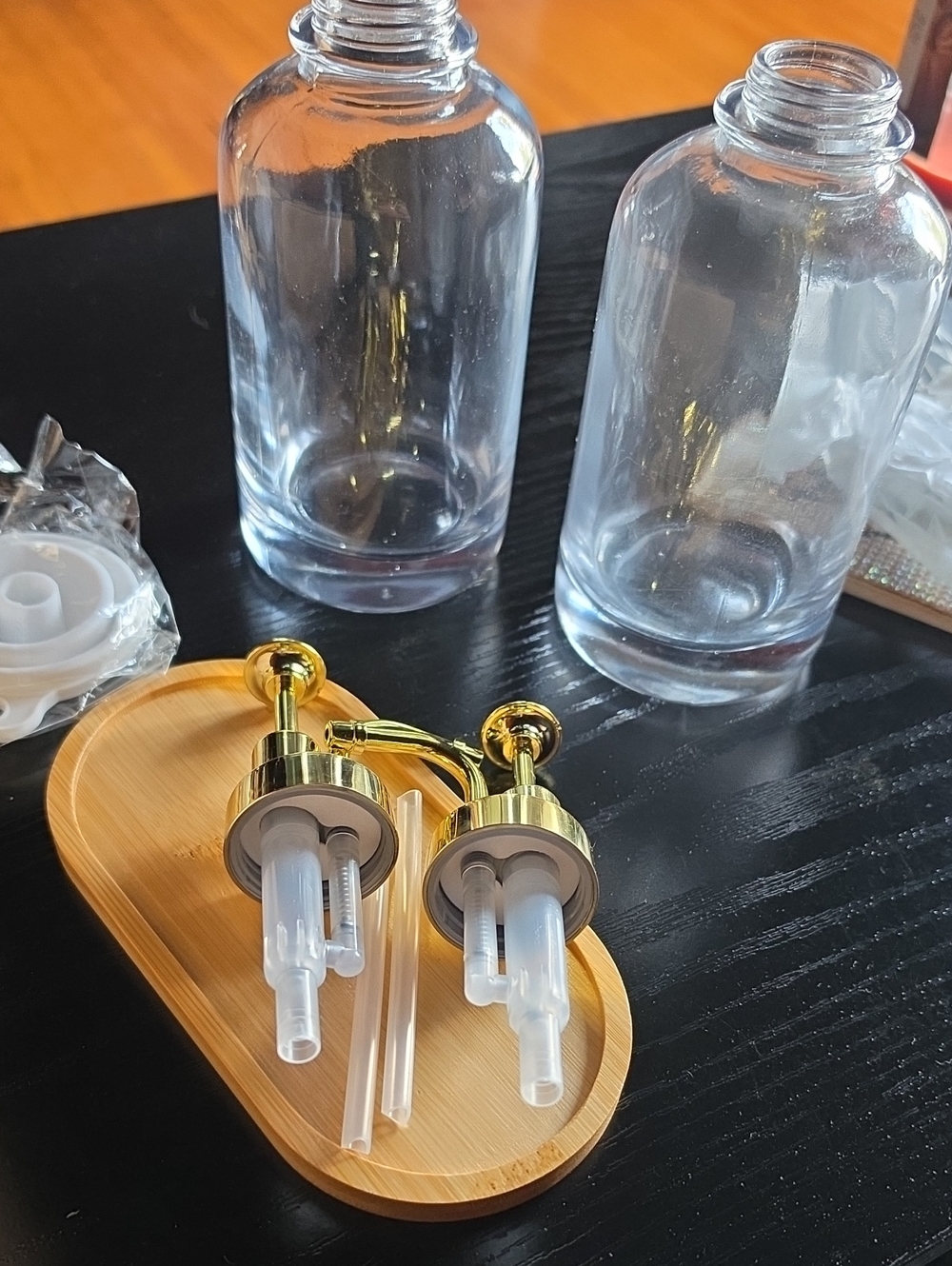 Gold Glass Soap Dispenser Pump Set with Clear Bottles - Home Supplies
